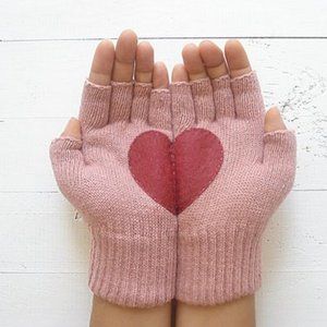 Handmade Womens Kids Knit Fingerless Pink GLOVES